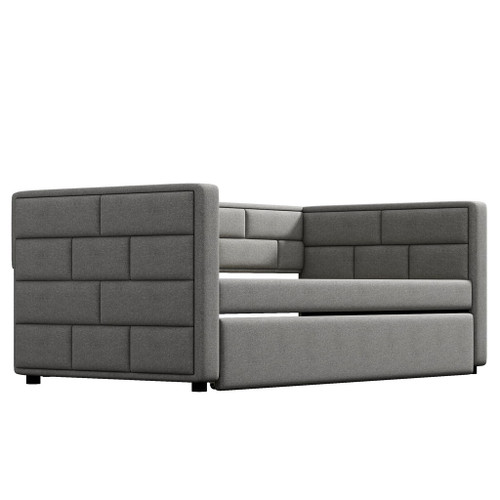 Upholstered Twin Size Daybed With Trundle, Padded Back And Sides - Gray