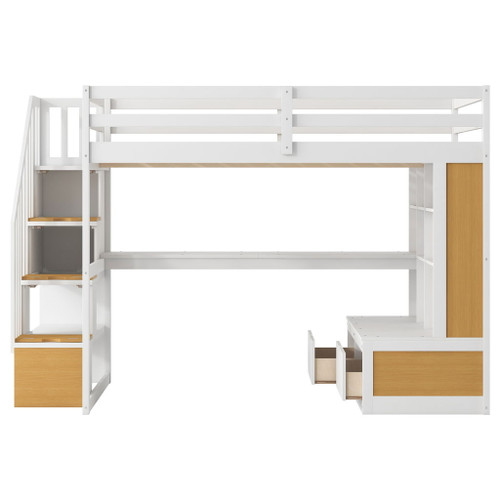 Full Size Loft Bed With Desk And Shelves, 2 Built In Drawers, Storage Staircase - Natural / White