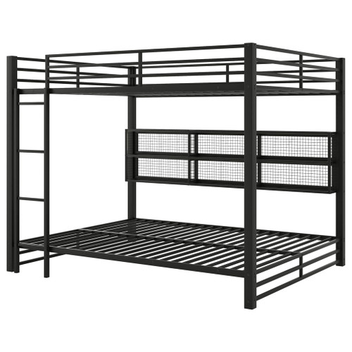 Queen Over Queen Bunk Bed With Storage Cabinets And LED Sturdy Frame, 6 Storage Units, Adjustable LED Lights - Black