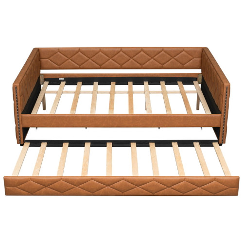 Upholstered Full Long Daybed With Trundle And LED Armrests - Brown