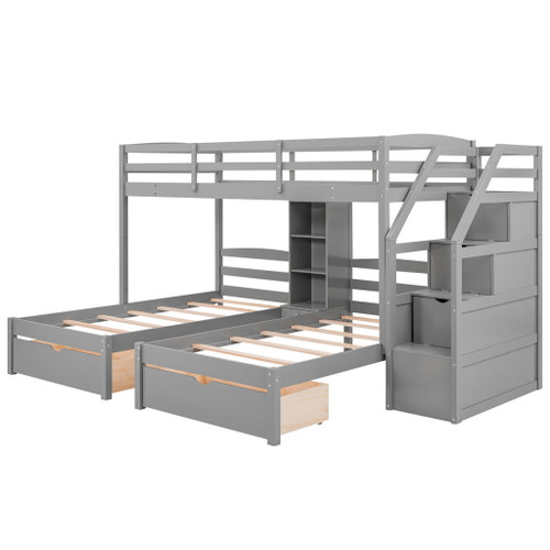Twin Over Twin & Twin Bunk Bed With Drawers, Staircase Storage, Built In Shelves - Gray