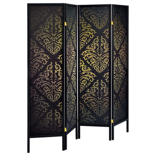 4 Panel Folding Screen With Diamond Scrollwork Motif - Black