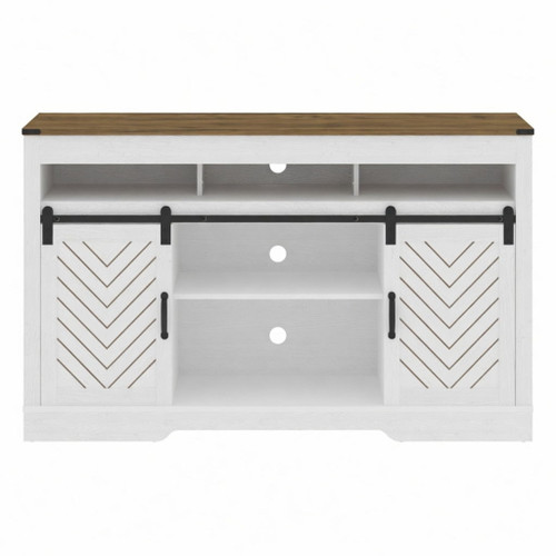 TV Stand With Sliding Barn Doors And Adjustable Storage - White / Oak