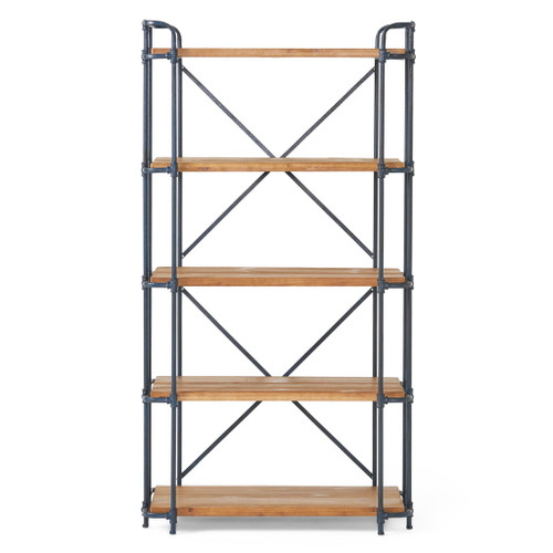 Yorktown - Industrial 5 Shelf Bookcase With Metal Pipework And Solid Fir - Natural