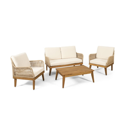Hueber - Outdoor And Rope 4 Seater Chat Set With Cushions - Teak
