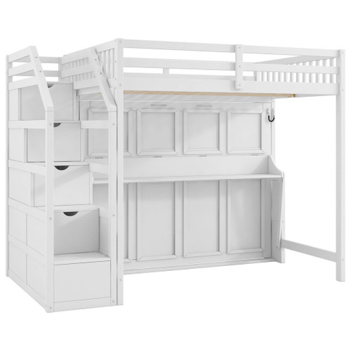 Full Long Loft Bed With Storage Staircase, Murphy Bed, LED Light - White