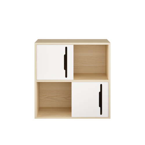 Storage Cabinet With Sliding Doors, 2 Tier Open And Closed Shelves Organizer - Natural / White