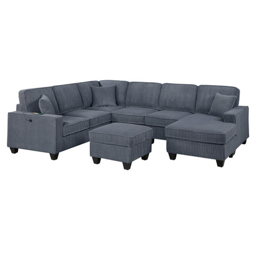 Left Arm Facing Loveseat With USB Port 5 Piece Sectional Set Corner Wedge Armless Chair Cocktail Ottoman Upholstered Living Room Furniture - Dark Gray