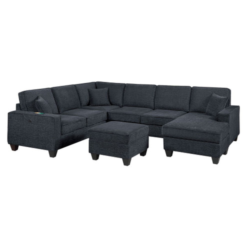 5 Piece Sectional Set With USB Port Left Arm Loveseat Chaise Right Arm Loveseat Corner Wedge Armless Chair Ottoman Upholstered - Black / Slate