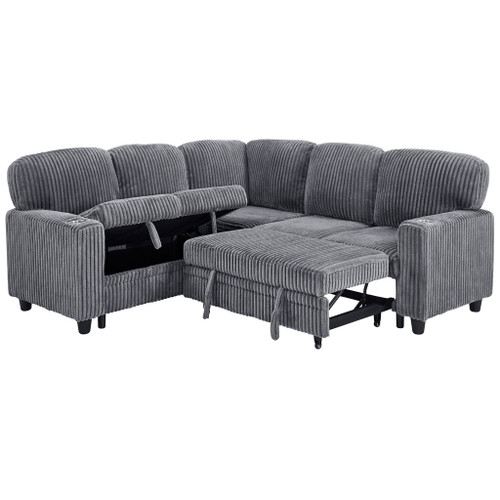 L-Shaped Sectional Sofa Bed With Pull Out Bed & Storage, 5 Seat Sleeper Couch With USB Charging For Living Room - Gray
