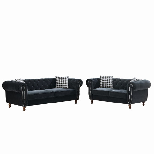 Chesterfield 3 And 2 Seater Upholstery Sofa With Roll Armrest & Nailhead Fabric Couch