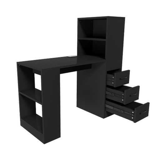 Computer Desk With 4 In 1 Socket, 3 Slide Drawers And 4 Storage Levels, For Home Office - Black