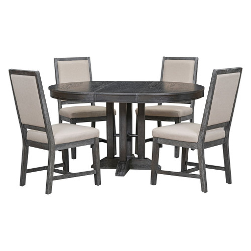 5 Piece Dining Set With Extendable Round Table And Upholstered Chairs