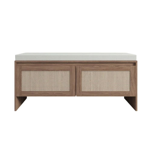 Storage Bench With Cushion, Shoe Cabinet With 2 Doors - Antique Natural / Rattan