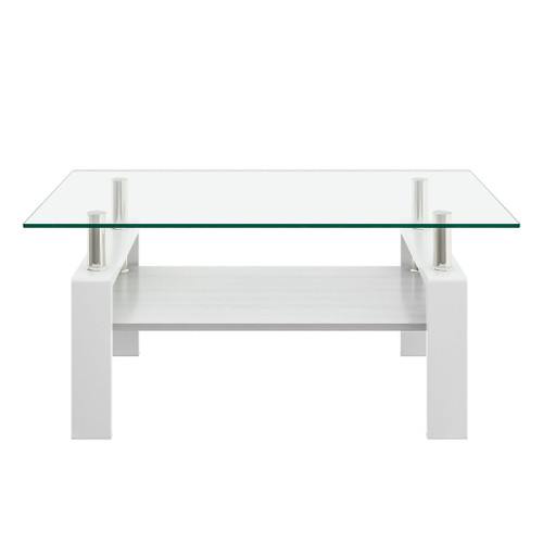 Modern Rectangular Coffee Table With Tempered Transparent Glass Top And Storage Shelf
