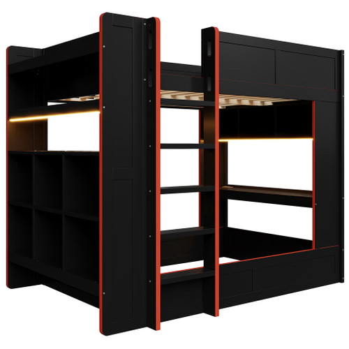 Full Size Gaming Bunk Bed With Desk, Storage Shelves, LED And Charging Station - Black