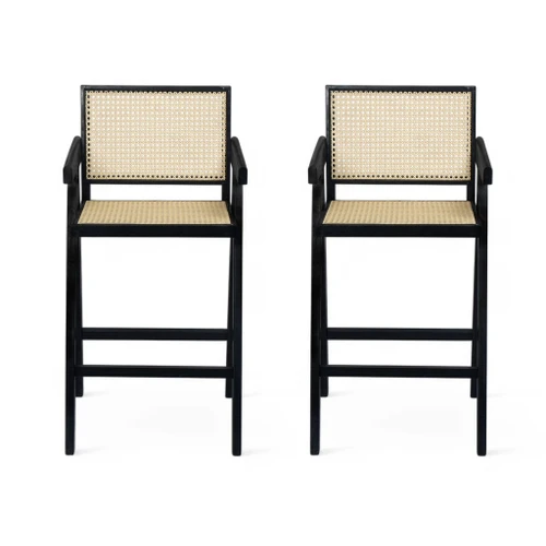 Modern Minimalist Bar Stool With Cane Seat - Black / Natural