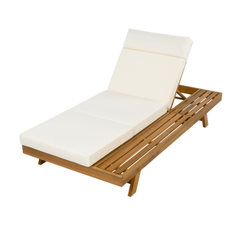 Acacia Wood Lounge Chaise Set With Headrest And Water Resistant Cushions - Beige