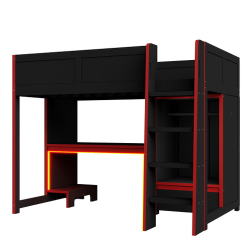 Gaming Loft Bed With Built In Desk, Wardrobe, LED Lighting And Drawer