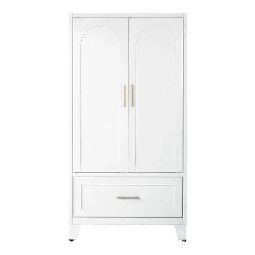 Wardrobe Cabinet With 1 Drawer And Hanging Rod, 2 Doors Closet With Shelf For Bedroom - White