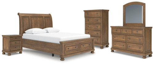 Feddinger - 5 Pc. - Queen Sleigh Storage Bed, Dresser, Mirror, Chest And Nightstand - Medium Brown