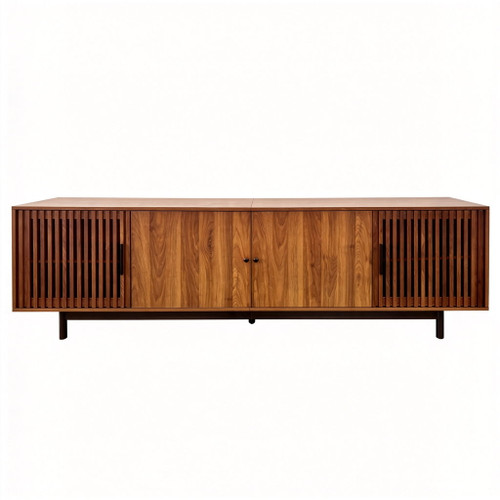 TV Stand, Media Console & Soft Closing Hinges, Adjustable Shelves, Slatted Doors - Walnut
