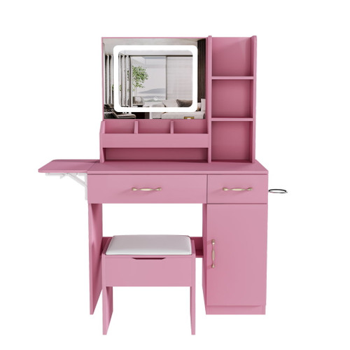 Vanity Desk With LED Mirror Lights And Charging Outlet