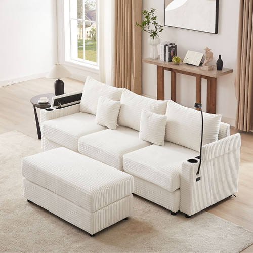 Modern Style Single Sofa Sofa Couch With Storage Space, A Movable Ottoman, 2 USB Ports, 2 Cup Holders, A Phone Holder For Living Room