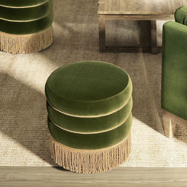 Edward - Round Upholstered Ottoman With Bullion Fringe - Olive Green Edward - Round Upholstered Ottoman With Bullion Fringe - Olive Green
