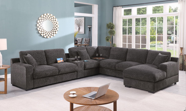 Celine - Chenille Fabric Corner Sectional Sofa With Right Facing Chaise, Cupholders, And Charging Ports - Gray Celine - Chenille Fabric Corner Sectional Sofa With Right Facing Chaise, Cupholders, And Charging Ports - Gray