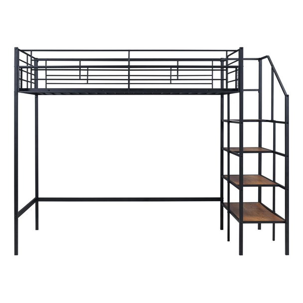 Loft Bed With Upper Grid Storage Shelf And Lateral Storage Ladder