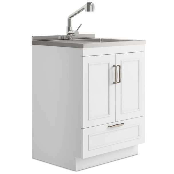 Laundry Cabinet With Faucet And Stainless Steel Sink - White Laundry Cabinet With Faucet And Stainless Steel Sink - White