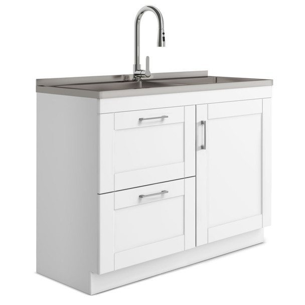 Shaker - Modern Wide Laundry Cabinet With Faucet And Stainless Steel Sink - White Shaker - Modern Wide Laundry Cabinet With Faucet And Stainless Steel Sink - White