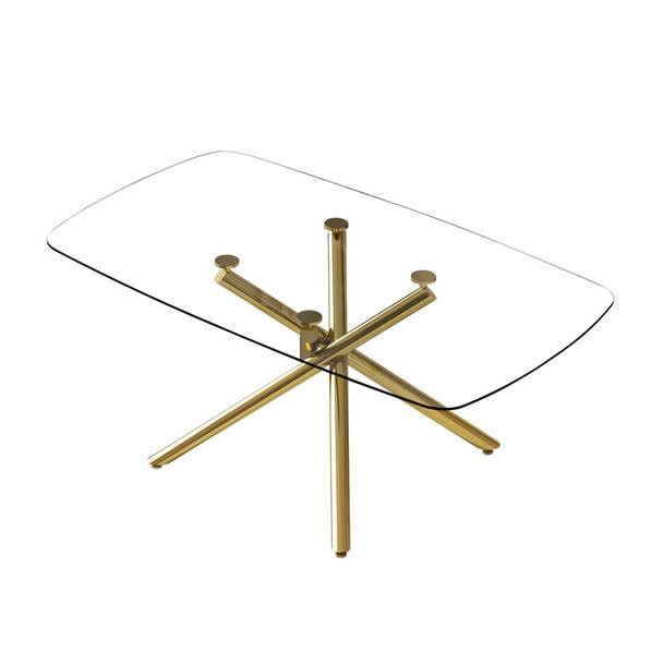Modern Minimalist Glass Dining Table With 0.39" Tempered Glass Top & en Metal Legs For 6 - 8 People - Golden