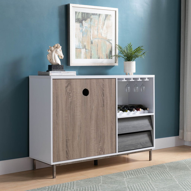 Wooden Display Rack, Cabinet With Drawer, Holds 6 Wine Glass - White / Dark Taupe Wooden Display Rack, Cabinet With Drawer, Holds 6 Wine Glass - White / Dark Taupe