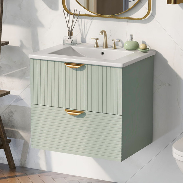 Modern Wall-Mounted Bathroom Vanity With 2 Drawers, Ideal For Small Bathrooms - Green Modern Wall-Mounted Bathroom Vanity With 2 Drawers, Ideal For Small Bathrooms - Green