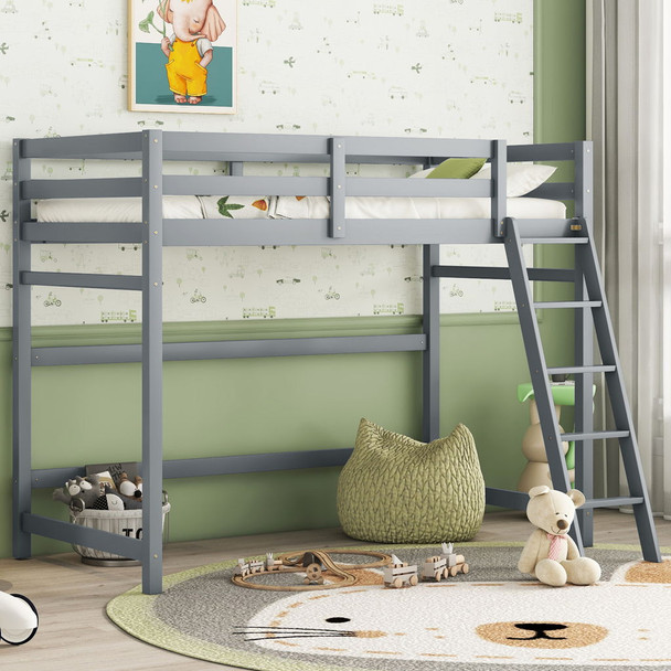 High Loft Bed With Inclined Ladder, Guardrails High Loft Bed With Inclined Ladder, Guardrails
