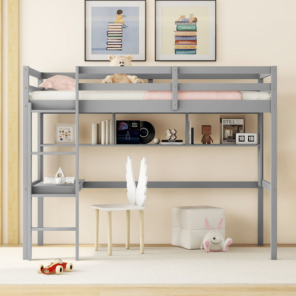 Loft Bed With Desk And Shelves, Safety Guardrail And Ladder Loft Bed With Desk And Shelves, Safety Guardrail And Ladder