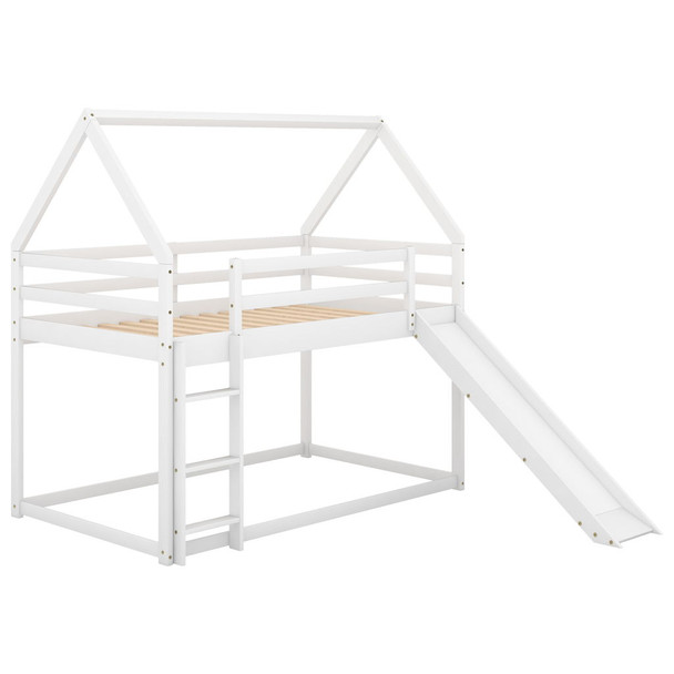 Twin Size Bunk House Bed With Slide And Ladder - White Twin Size Bunk House Bed With Slide And Ladder - White