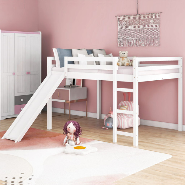 Full Loft Bed With Slide, Multifunctional Design - White Full Loft Bed With Slide, Multifunctional Design - White