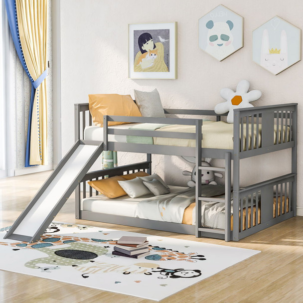 Full Over Full Bunk Bed With Ladder With Slide - Gray Full Over Full Bunk Bed With Ladder With Slide - Gray