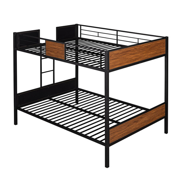Full Over Full Bunk Bed Modern Style Steel Frame Bunk Bed With Safety Rail, Built-In Ladder For Bedroom - Brown Full Over Full Bunk Bed Modern Style Steel Frame Bunk Bed With Safety Rail, Built-In Ladder For Bedroom - Brown