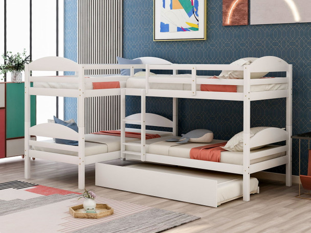 Twin L-Shaped Bunk Bed With Trundle - White Twin L-Shaped Bunk Bed With Trundle - White