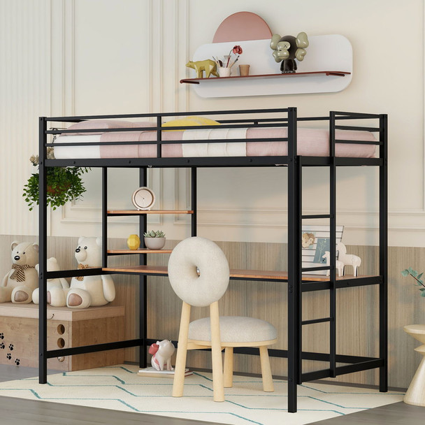 Twin Loft Bed With Desk And Shelve - Black Twin Loft Bed With Desk And Shelve - Black