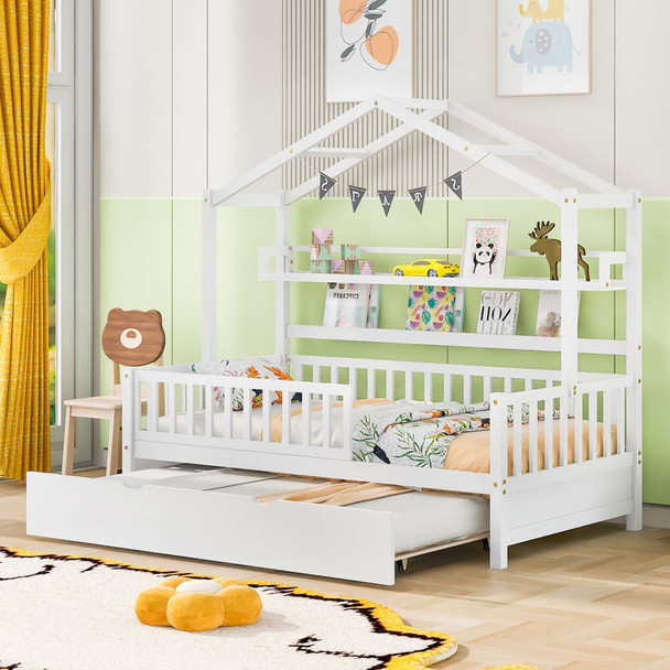 Playhouse Bed With Trundle, Kids Bed With Shelf Playhouse Bed With Trundle, Kids Bed With Shelf