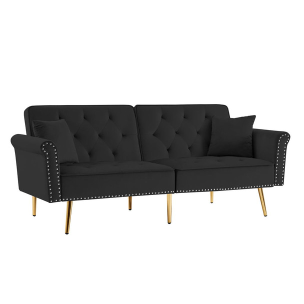 Velvet Tufted Sofa Couch With 2 Pillows And Nailhead Trim