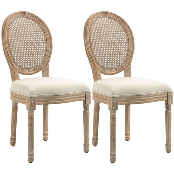 Homcom - French Style Upholstered Dining Chair Set, Armless Accent Side Chairs With Rattan Backrest And Linen-Touch Upholstery (Set of 2) - Cream White Homcom - French Style Upholstered Dining Chair Set, Armless Accent Side Chairs With Rattan Backrest And Linen-Touch Upholstery (Set of 2) - Cream White