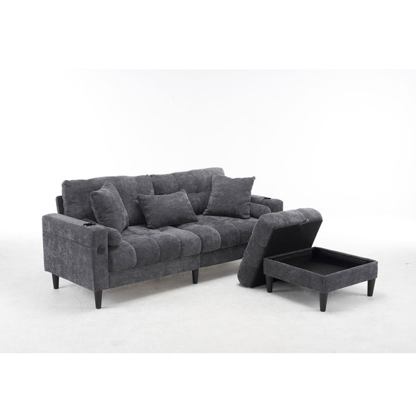 3 Seat L-Shaped Chenille Sofa With Removable And Storage Ottoman, Side Storage, And USB / C - Type Charging Ports Sofa For Living Room