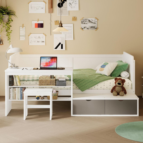 Daybed With Storage Shelves And Lockers, Multi Functional Bed With Study Desk And Matching Stool Daybed With Storage Shelves And Lockers, Multi Functional Bed With Study Desk And Matching Stool