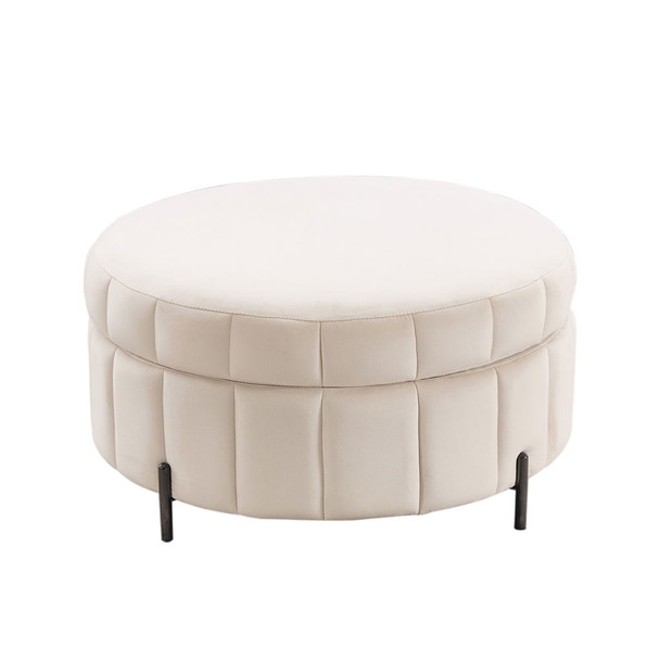 Upholstered Round Ottoman With Reversible Lid, Channel Tufted Pumpkin Shape Upholstered Round Ottoman With Reversible Lid, Channel Tufted Pumpkin Shape